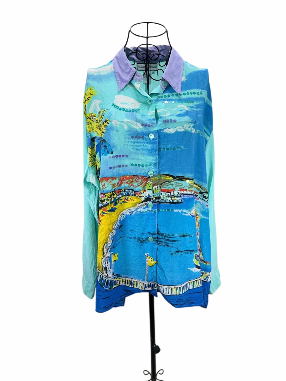Diane Gilman 2X 100% Silk Coastal Scenic Print Sequin Blouse